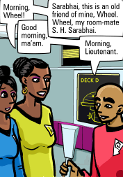 Dev and Sarabhai encounter Wheel in the turbolift.